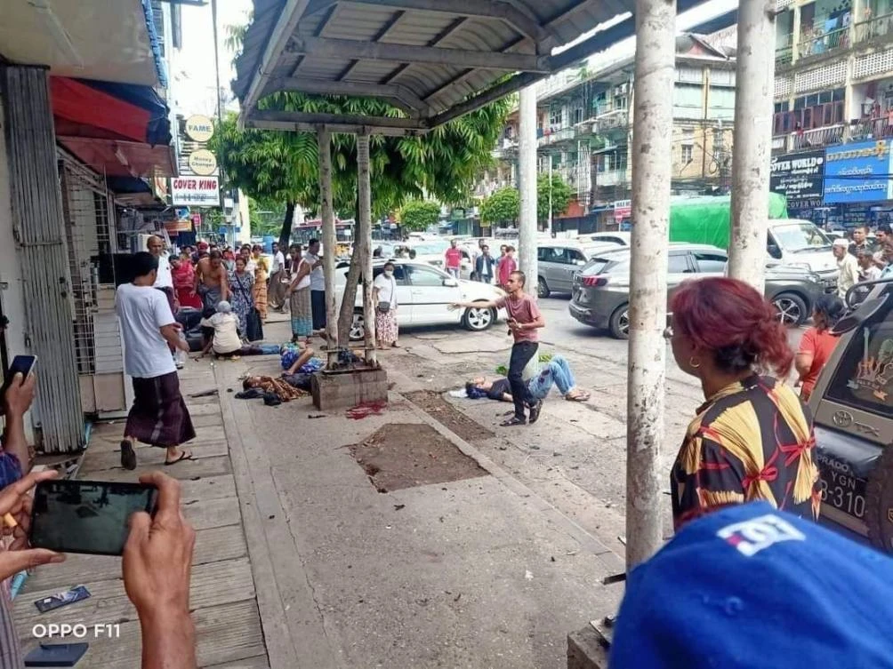 Myanmar’s military government and its opponents traded accusations over a bomb that exploded Tuesday in Yangon. (Myanmar Military True News Information Team via AP)