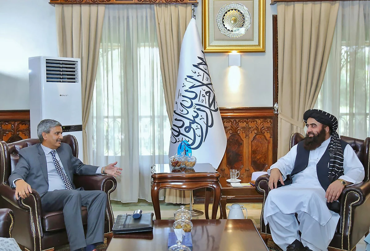 Afghanistan's acting foreign minister Mawlawi Amir Khan Muttaqi (right) receives Indian MEA Joint Secretary J.P. Singh in Kabul, Afghanistan, on June 2, 2022.. (@QaharBalkhi/Twitter)