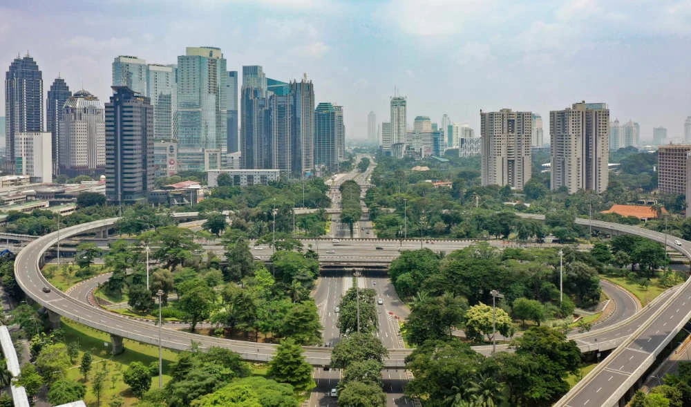 This aerial shot shows deserted roads following the implementation of "large scale social restrictions" in the Indonesian capital Jakarta on April 10, 2020, amid the COVID-19 coronavirus pandemic. (AFP)