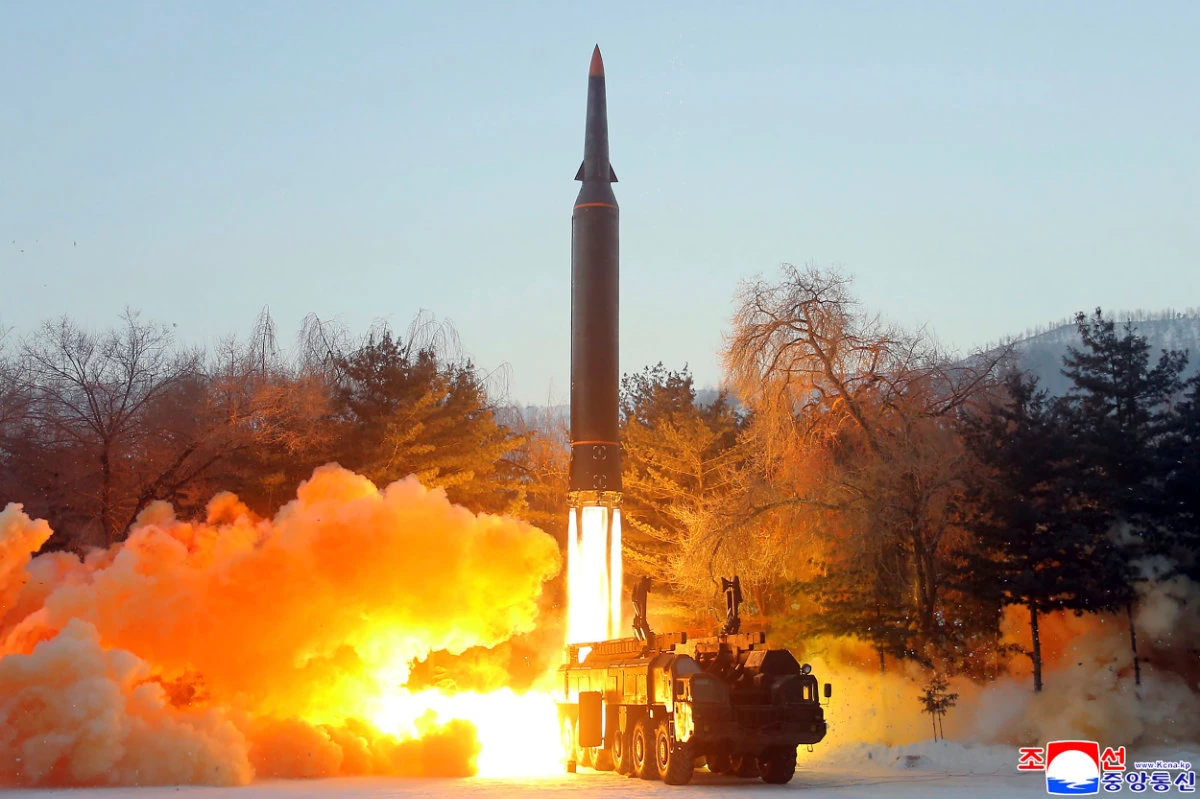 This photo provided by the North Korean government shows what it says was a test launch of a hypersonic missile on Jan. 5, 2022. (Korean Central News Agency via AP)