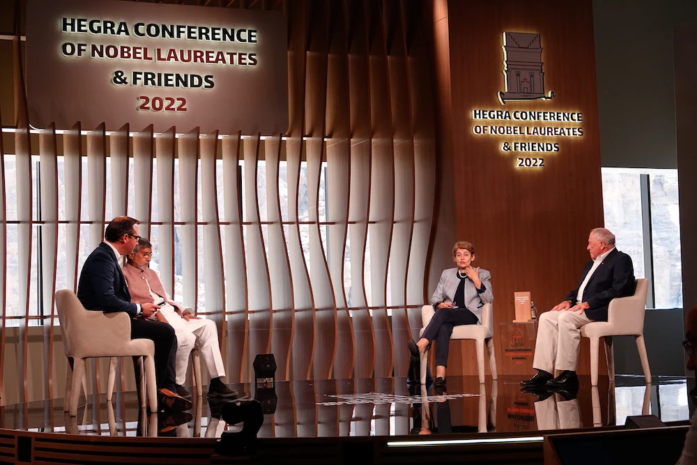 Former director general at UNESCO Irina Bokova, second from right, while speaking at the Hegra Conference of Nobel Laureates and Friends 2022 on Saturday. (Huda Bashatah/AN)