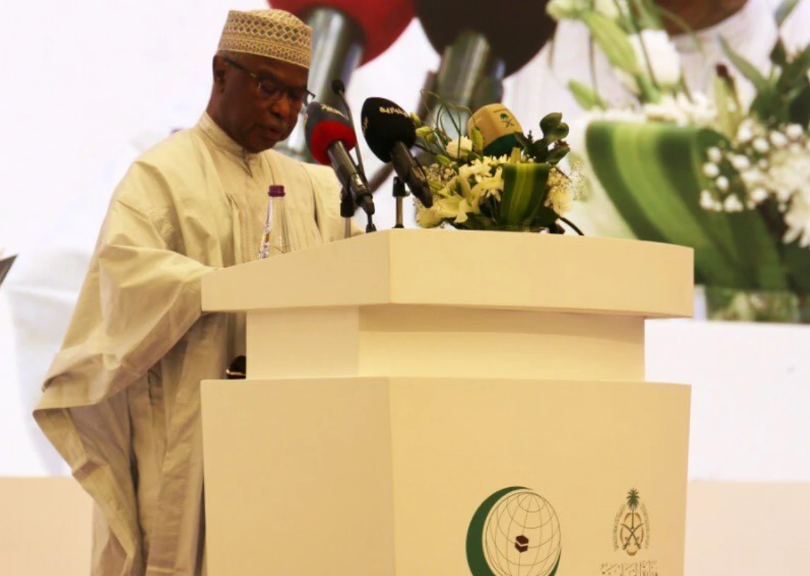 OIC’s secretary-general Hissein Brahim Taha speaks at the fourth OIC conference on mediation on Sunday. (@OIC_OCI)