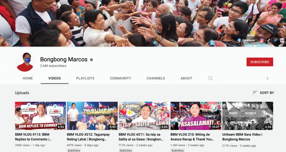 A screenshot of Philippines President-elect Ferdinand Marcos Jr. shows that he has 2.6 million subscribers on YouTube. (YouTube)