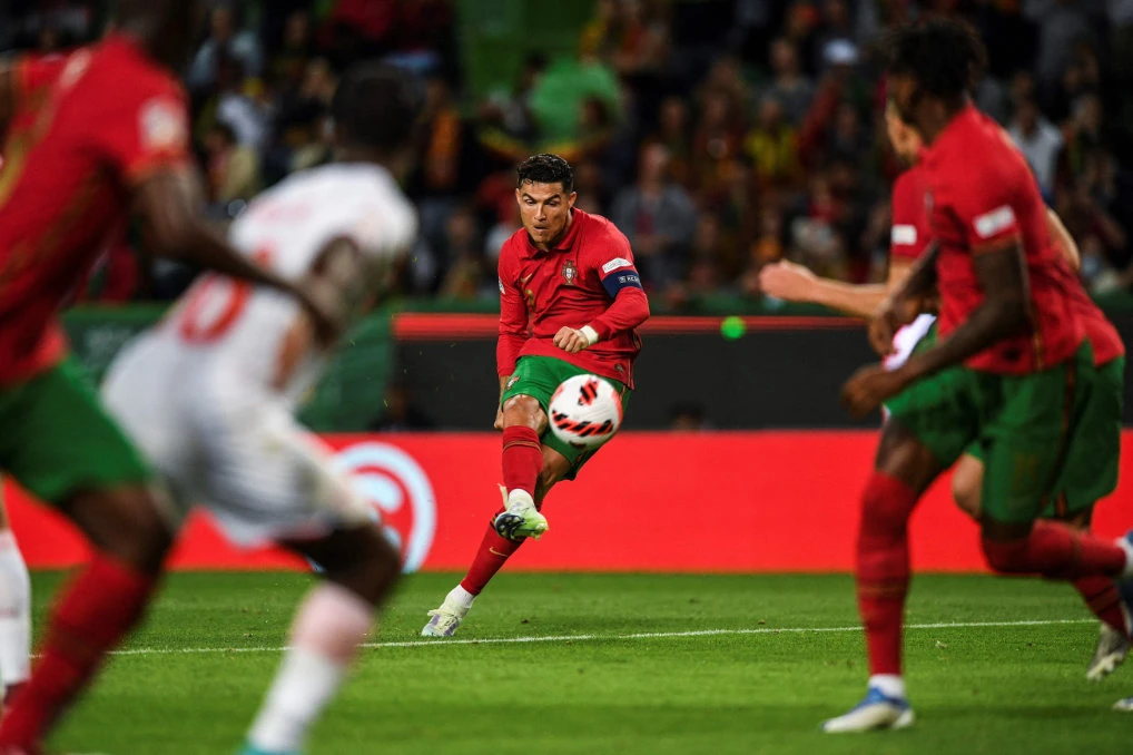 Portugal's forward Cristiano Ronaldo kicks the ball during the UEFA Nations League, league A group2 football match between Portugal and Switzerland at the Jose Alvalade stadium in Lisbon on June 5, 2022. (AFP)