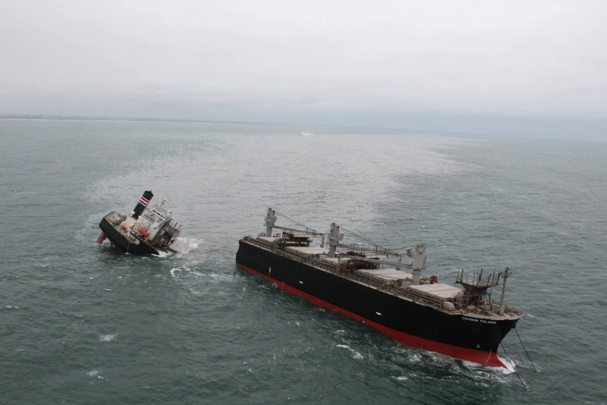 The picture dated Aug. 13, 2021 shows the Panamian-registered Crimson Polaris after it ran aground in Hachinohe harbor in Aomori Prefecture, Japan. Reuters/File