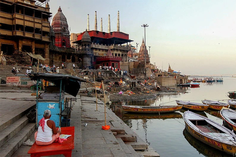 This picture taken on April 10, 2020, shows a view of Manikarnika Ghat on the banks of the Ganges river in Varanasi, India. (AFP/FILE)