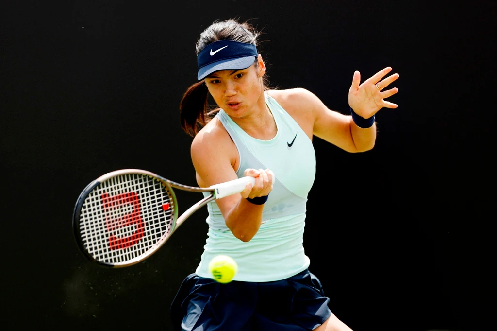 Britain's Emma Raducanu during her first round match against Switzerland's Viktorija Golubic at Nottingham Open, Nottingham Tennis Centre on Tuesday. (Reuters)