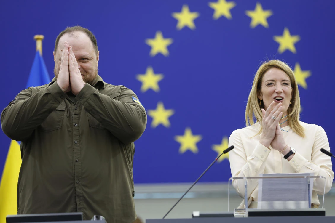 Chairman of the Verkhovna Rada (Ukrainian parliament) Ruslan Stefanchuk is welcomed by European Parliament President Roberta Metsola prior to deliver a speech at the European Parliament on Wednesday in Strasbourg. (AP)