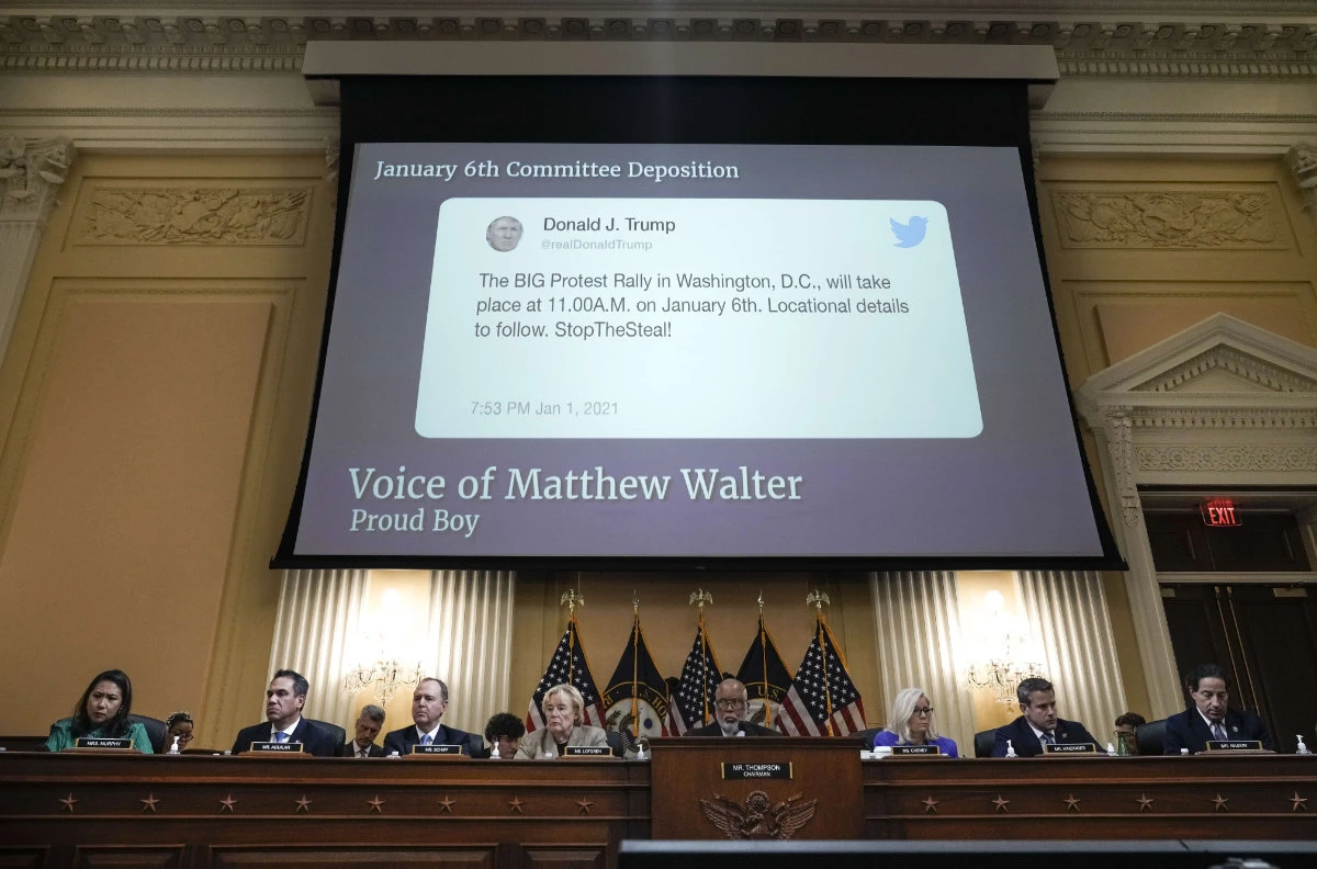 A tweet by former President Donald Trump is displayed on a screen during a hearing on June 9, 2022, at the US Congress on the Jan. 6 attack on the US Capitol. (Getty Images/AFP)