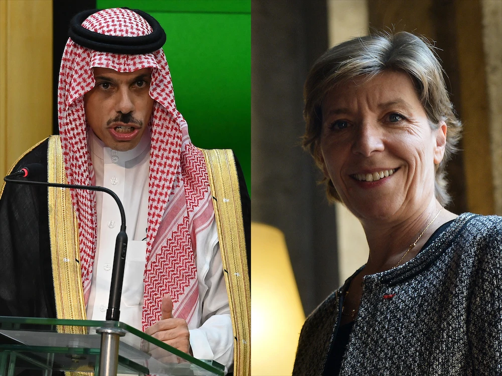 Saudi Foreign Minister Prince Faisal bin Farhan holds a phone call with his French counterpart Catherine Colonna. (Getty Images/AFP)