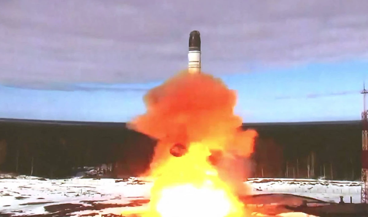 In this file grab made from a handout video footage released by the Russian Defence Ministry on April 20, 2022 shows the launching of the Sarmat intercontinental ballistic missile at Plesetsk testing field, Russia. (AFP)