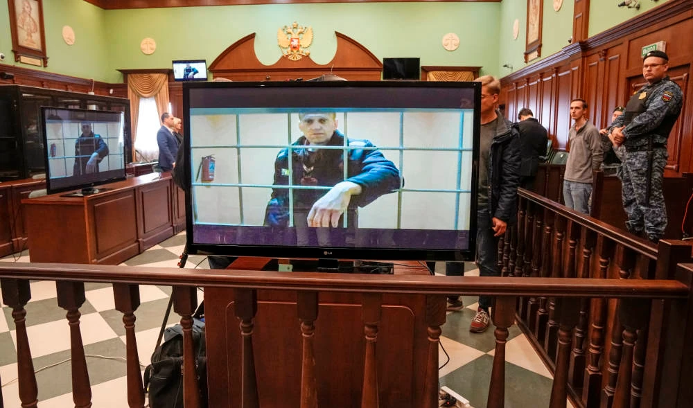 Russian opposition leader Alexei Navalny appears on a video link from prison provided by the Russian Federal Penitentiary Service at Moscow City Court, Tuesday, May 24, 2022. (AP)