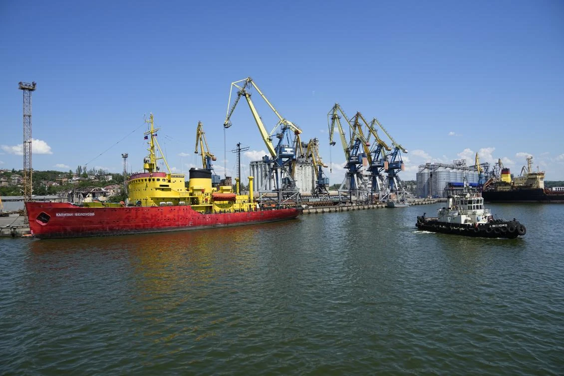 A view of the pier with the grain storage in the background at Mariupol Sea Port, which has recently started its work after a heavy fighting in Mariupol, on Sunday. (AP)