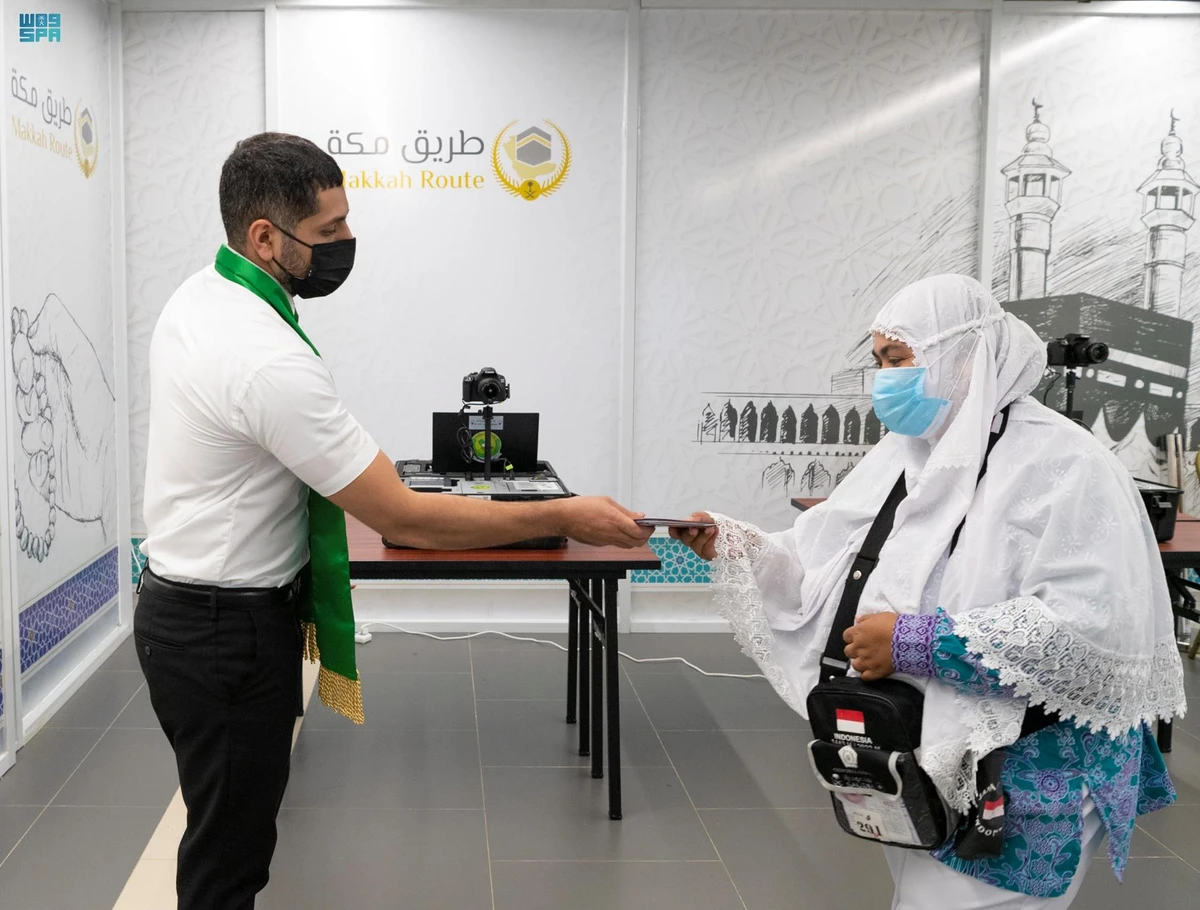Indonesian Hajj pilgrims have their entry procedures completed at Soekarno-Hatta International Airport, before arriving in the Kingdom for Hajj. (SPA)