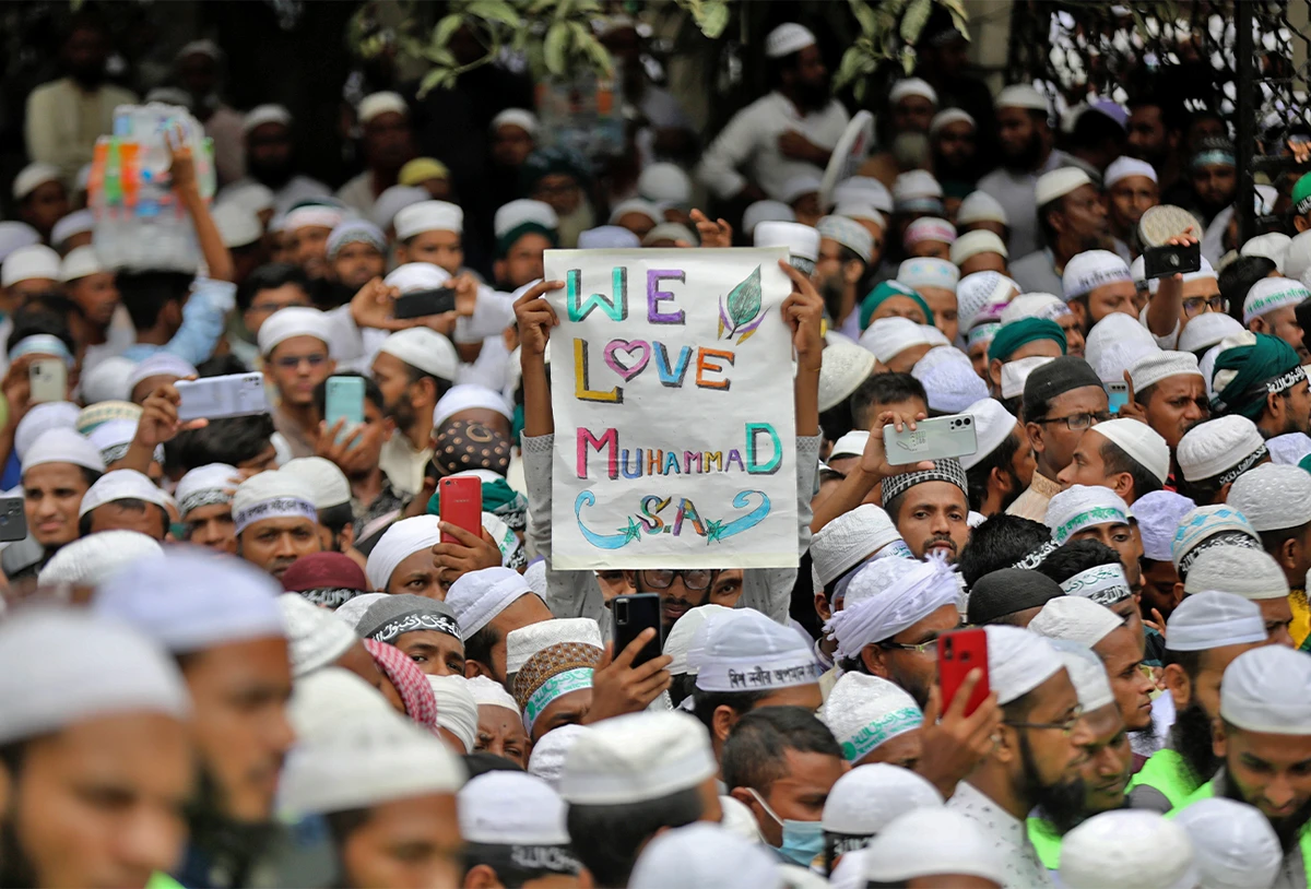Muslims protest against the derogatory references to Islam and the Prophet Muhammad (PBUH) in Dhaka, Bangladesh, on June 16, 2022. (AP)