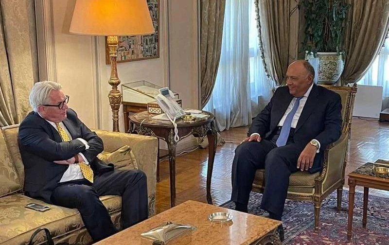 Egypt’s FM Sameh Shoukry meets with UN Special Coordinator for the Middle East Peace Process Tor Wennesland in Cairo, June 15, 2022. (Egyptian Ministry of Foreign Affairs)
