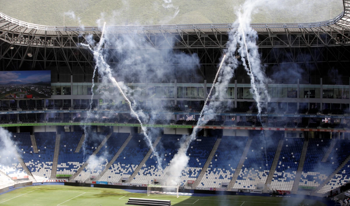 A view shows a letter M formed with pyrotechnics after the FIFA announced Monterrey as one of the host cities for the 2026 World Cup which will be staged in the US, Mexico and Canada, at the BBVA stadium, in Monterrey, Mexico, on Thursday. (Reuters)