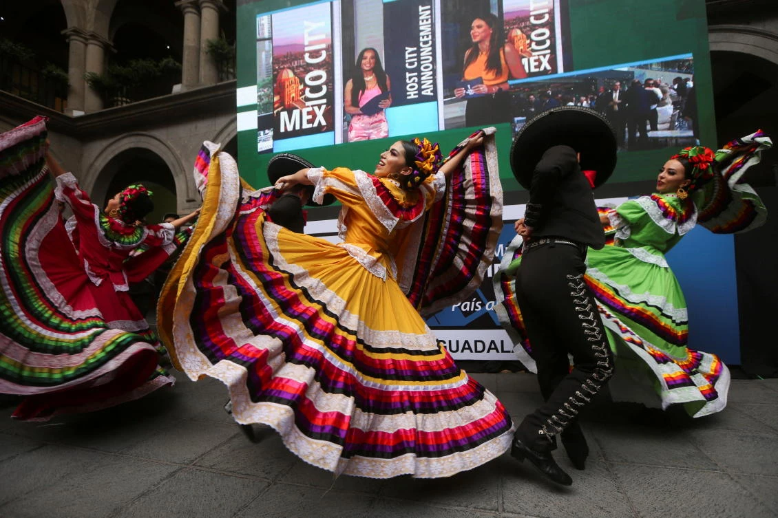 Traditional dancers perform during an event after the FIFA announced Guadalajara as one of the host cities for the 2026 World Cup which will be staged in the US, Mexico and Canada, on Thursday. (Reuters)