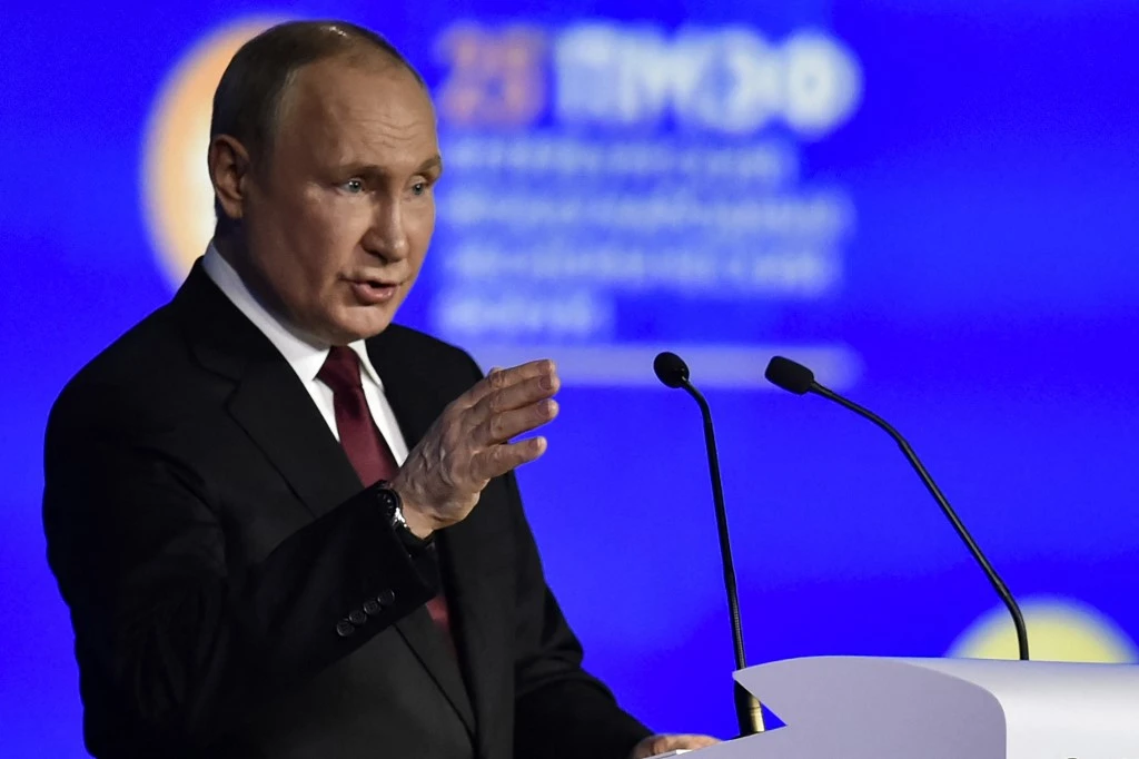 Russian President Vladimir Putin gives a speech at a plenary session of the Saint Petersburg International Economic Forum in Saint Petersburg on June 17, 2022 (AFP)