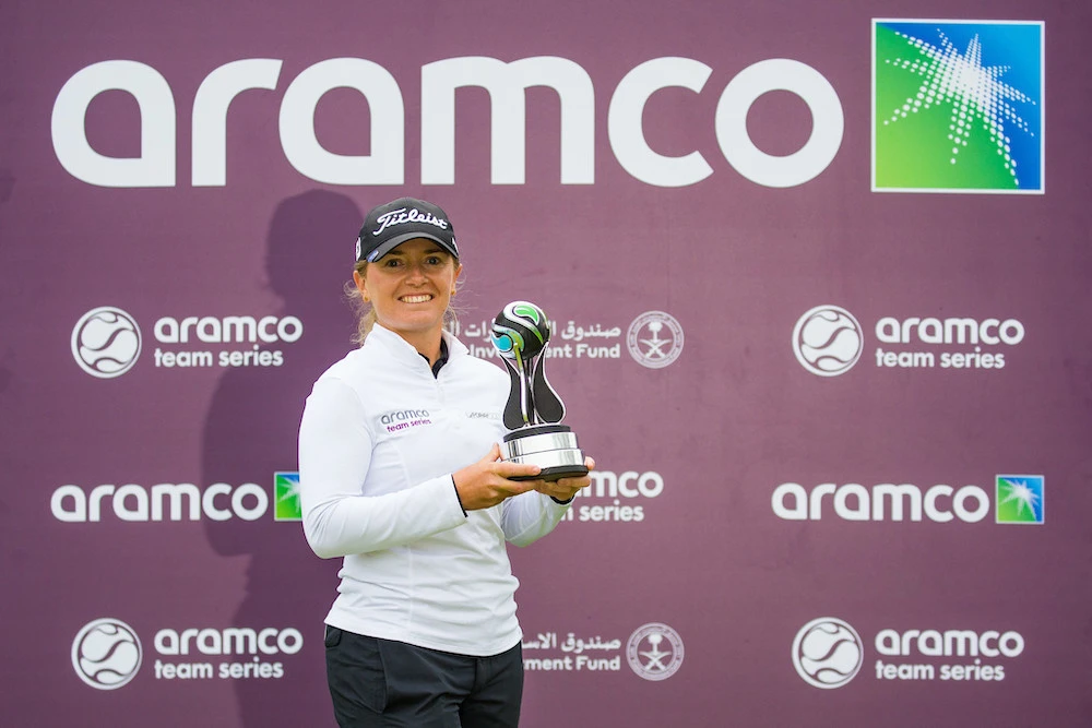Bronte Law celebrates winning the individual competition at the Aramco Team Series - London. (LET)