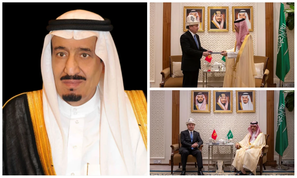 Prince Faisal bin Farhan, Minister of Foreign Affairs, during his meeting in Riyadh with Minister of Foreign Affairs of the Republic of Kyrgyzstan (R). (SPA)