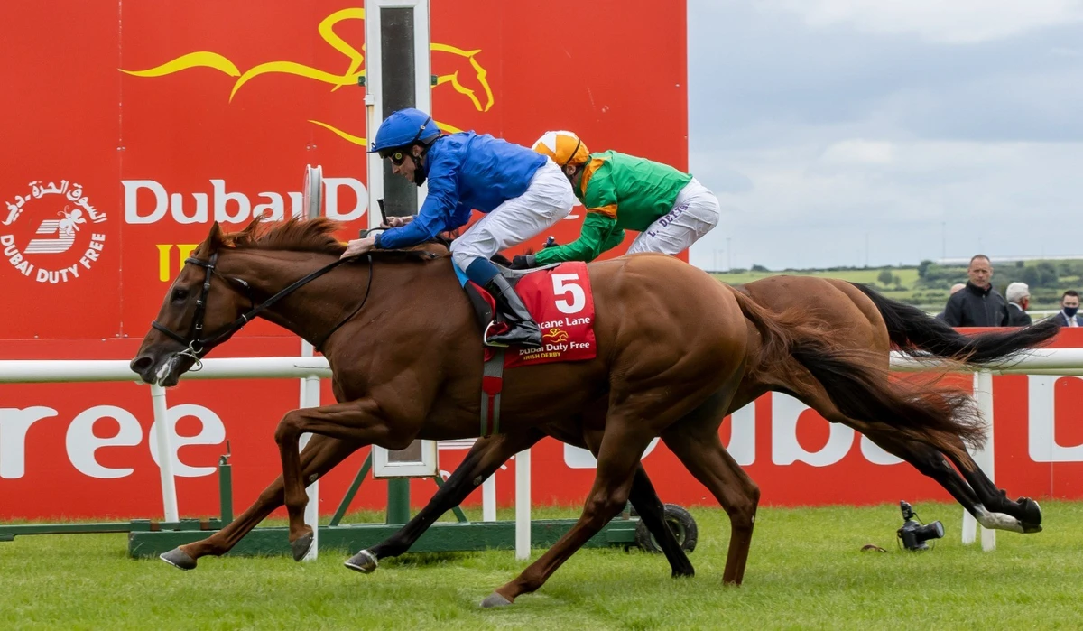 Godolphin’s Hurricane Lane at the winning post at last year’s Dubai Duty Free Irish Derby. (DDF)