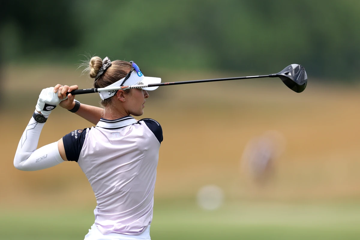 Nelly Korda of the US hit balls on the range during a practice round ahead of the KPMG Women’s PGA Championship at Congressional Country Club on June 22, 2022 in Bethesda, Maryland. (Getty Images North America/AFP)