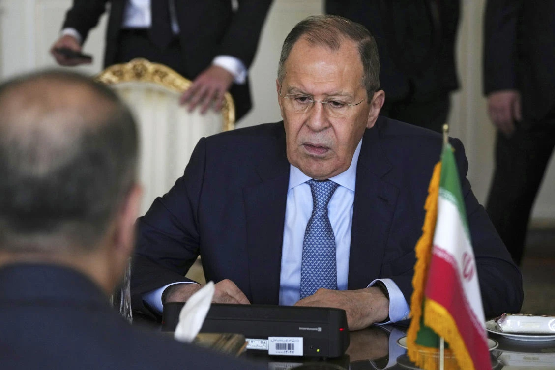 Russian Foreign Minister Sergey Lavrov speaks with his Iranian counterpart Hossein Amirabdollahian in Tehran on June 23, 2022. (AP)