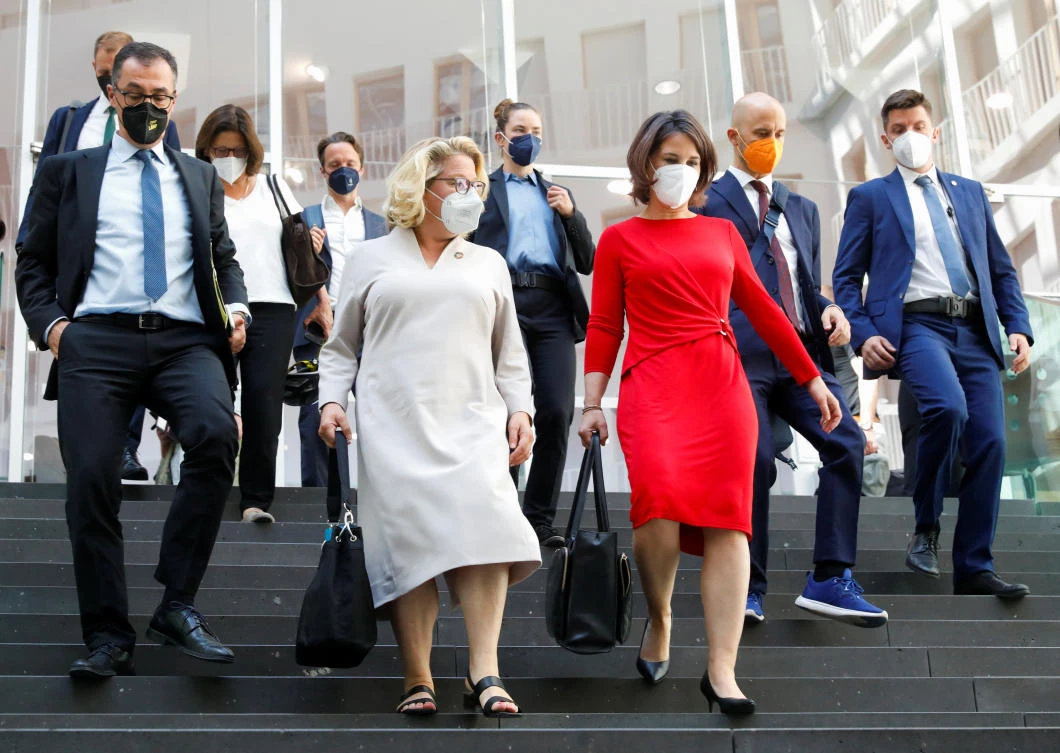 German Foreign Minister Annalena Baerbock, Food and Agriculture Minister Cem Oezdemir and Development Minister Svenja Schulze leave after a news conference to report on global food crisis in Berlin on Friday. (Reuters)