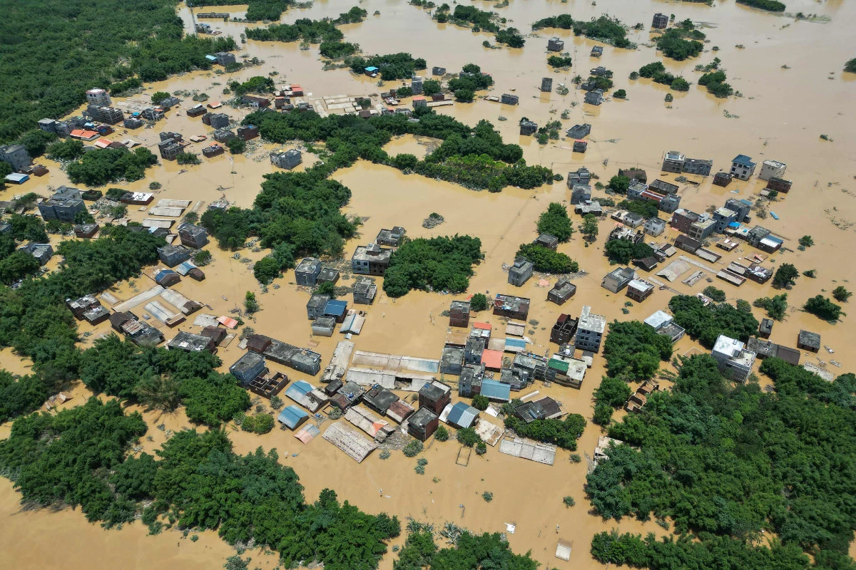 This aerial photo taken on June 23, 2022 shows a flooded area after heavy rains in Yingde, Qingyuan city, in China's southern Guangdong province. (AFP)