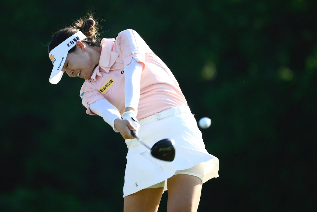 In Gee Chun, of South Korea, tees off on the 18th hole during the second round in the Women's PGA Championship golf tournament at Congressional Country Club, Friday in Bethesda, Md. (AP)