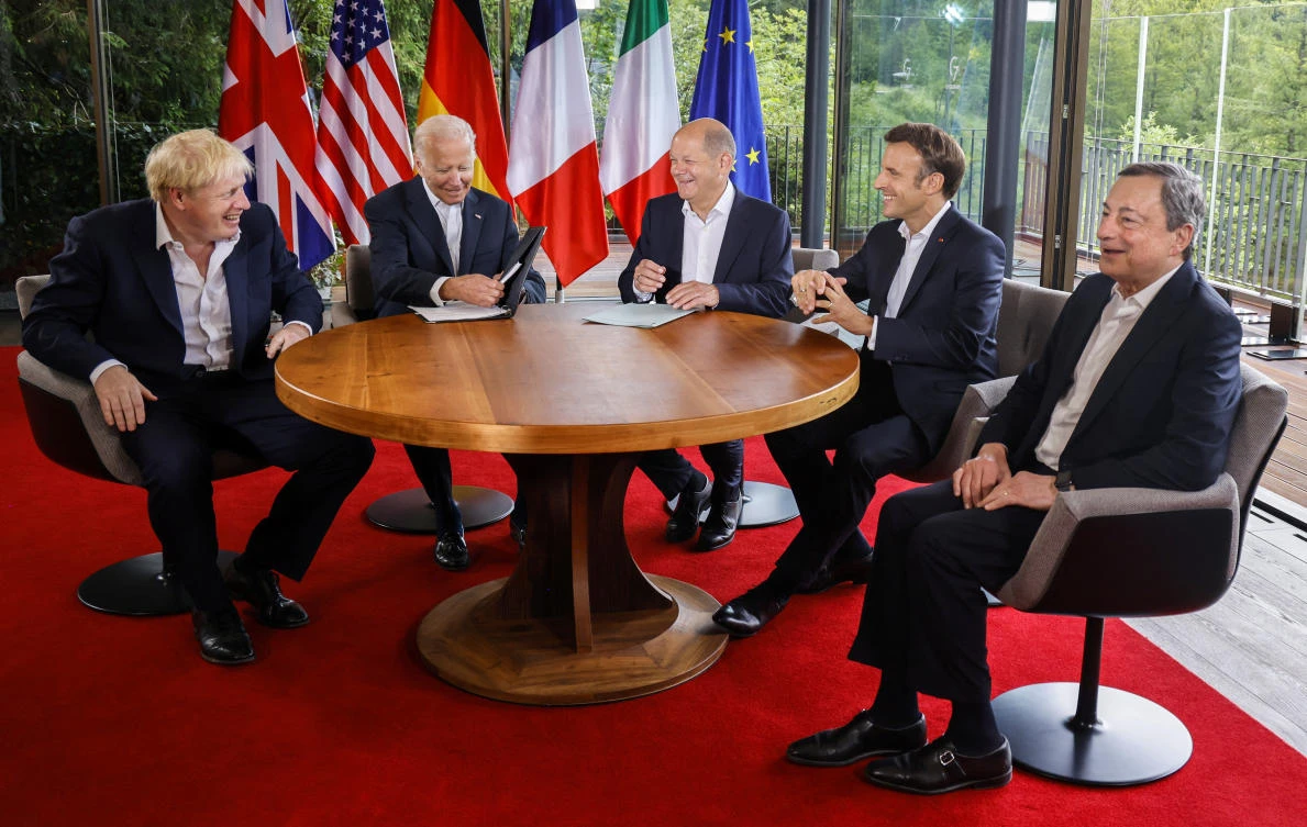 From left: British Prime Minister Boris Johnson, US President Joe Biden, German Chancellor Olaf Scholz, France’s President Emmanuel Macron and Italy’s Prime Minister Mario Draghi at the G7 summit in Germany on June 28, 2022. (Reuters)