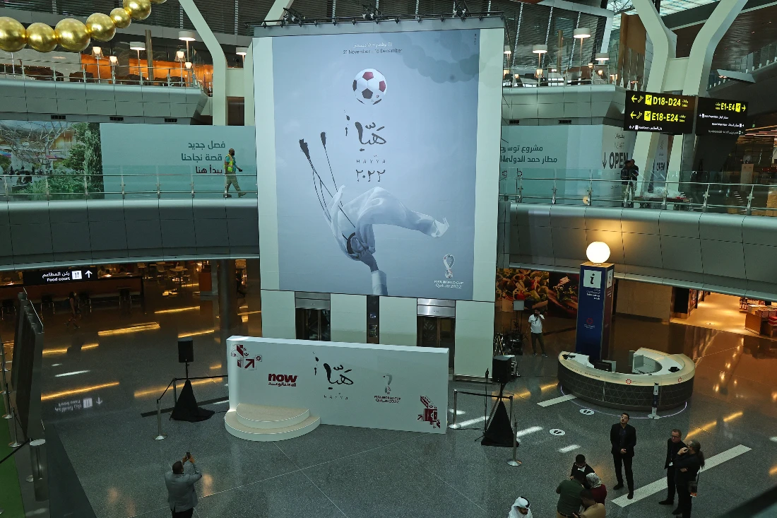 The official poster of Qatar's FIFA World Cup unveiled at Hamad International Airport in Doha. (AFP)