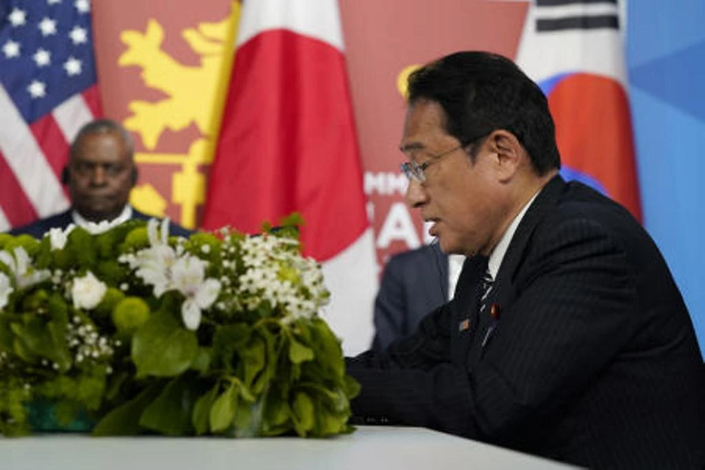 Japanese Prime Minister Fumio Kishida speaks during the NATO summit in Madrid on Wednesday June 29, 2022. (AP)