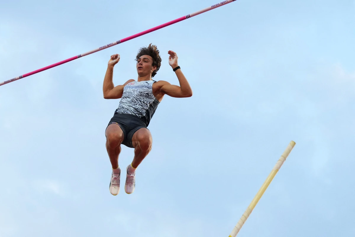 Sweden’s Armand Duplantis in action during the men's pole vault at the Diamond League meet in Stockholm on Thursday. (Reuters)