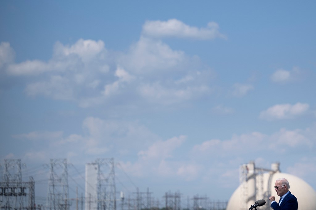 US President Joe Biden talks about climate change at the former location of the Brayton Point Power Station Massachussets. (AFP)