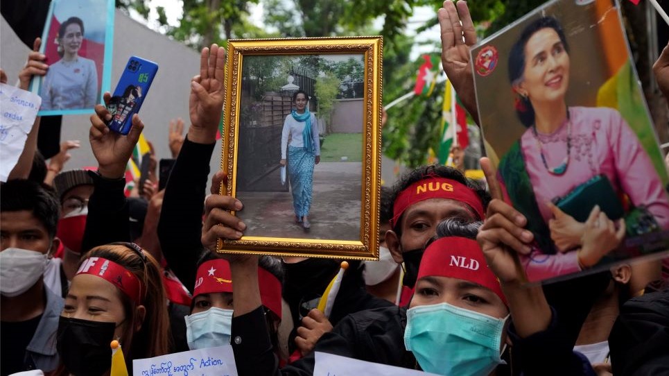 Myanmar nationals living in Thailand protest outside Myanmar’s embassy in Bangkok, Thailand, July 26, 2022. (AP Photo)