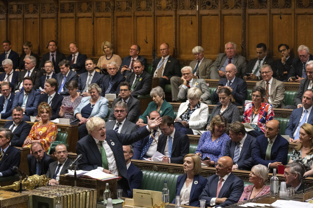 Britain’s PM Boris Johnson speaks during Prime Minister’s Questions in the House of Commons in London, July 13, 2022. (AP)