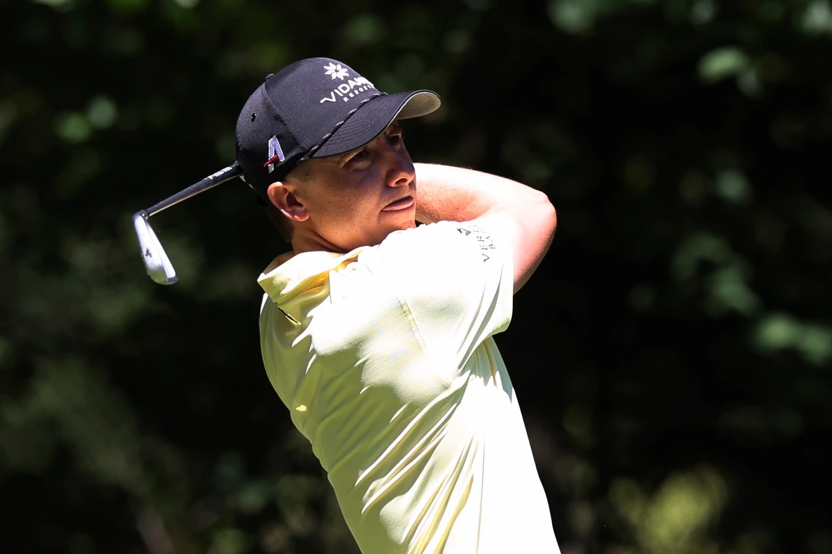 Carlos Ortiz watches his tee shot on 15th hole during the first round of the LIV Golf Portland Invitational tournament. (AP)