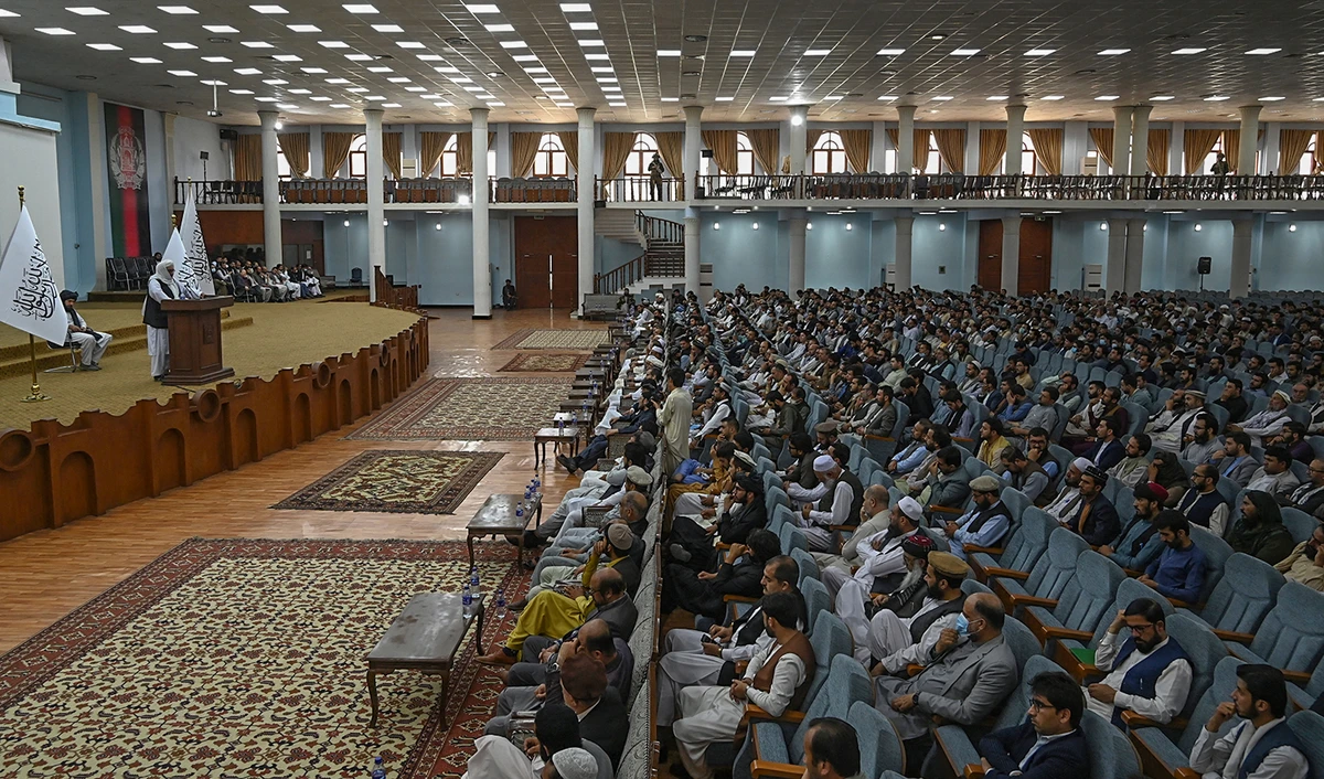 A Taliban official speaks during a meeting at the Loya Jirga Hall in Kabul, Afghanistan, on August 29, 2021. (AFP/File)