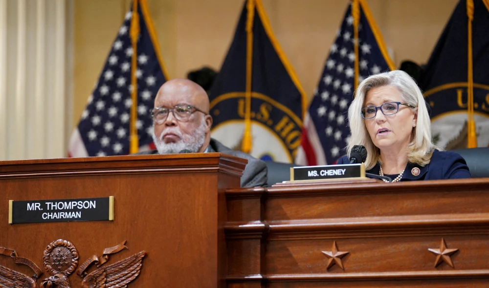 Committee Vice Chair Rep. Liz Cheney (R-WY) speaks next to Committee Chairperson Rep. Bennie Thompson (D-MS) during a public hearing. (REUTERS)