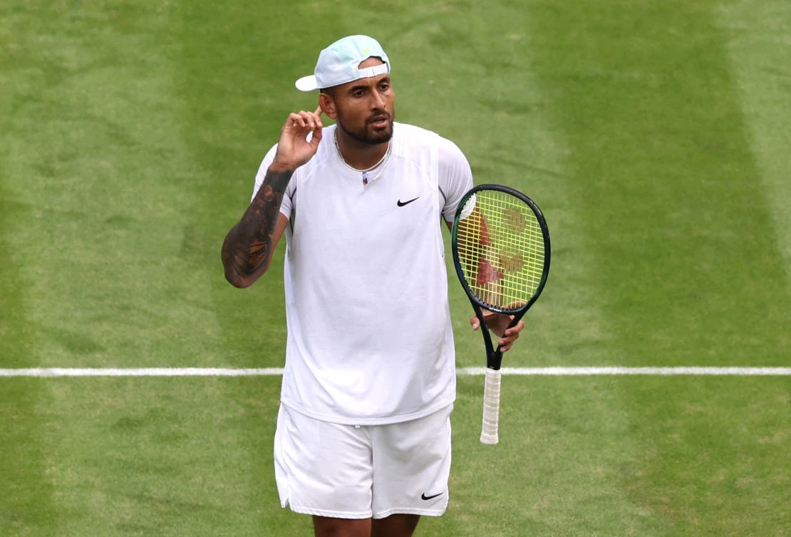 Australia’s Nick Kyrgios celebrates winning his fourth round match against US’s Brandon Nakashima at Wimbledon — All England Lawn Tennis and Croquet Club, in London. (Reuters)