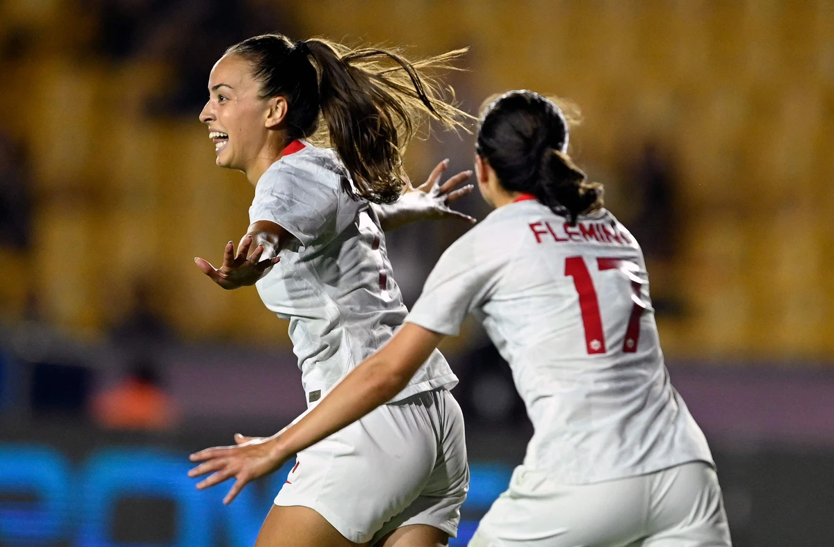 Canada's Julia Grosso celebrates after scoring against Panama during their 2022 CONCACAF Women's Championship football match, at the Universitario stadium in Monterrey, Nuevo Leon State, Mexico. (AFP)