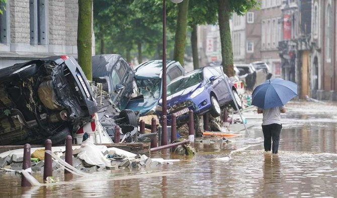 A picture taken on July 15, 2021 shows a view of a flooded street in the Belgian city of Verviers near Limbourg following heavy rains and floods. (AFP file)