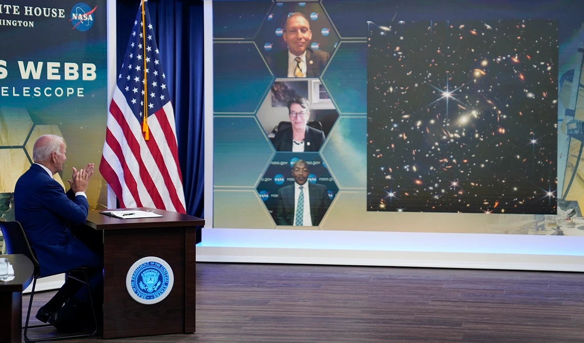 President Joe Biden speaks during a briefing from NASA officials about the first images from the Webb Space Telescope in the South Court Auditorium on the White House complex in Washington DC, on July 11, 2022. (AP)