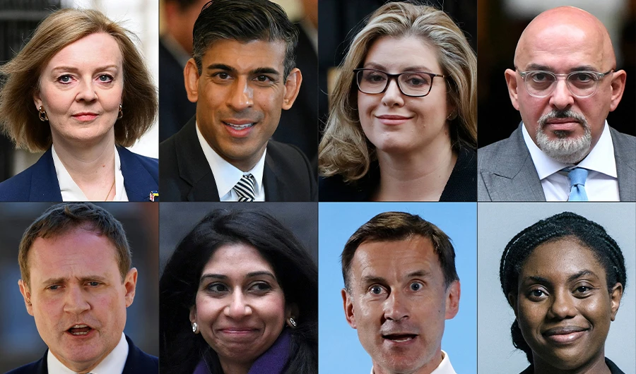 This combination of pictures created on July 12, 2022 shows, top row from left, Britain's Foreign Secretary Liz Truss arrives to attend the weekly Cabinet meeting at 10 Downing Street, in London, on April 19, 2022. (AFP)