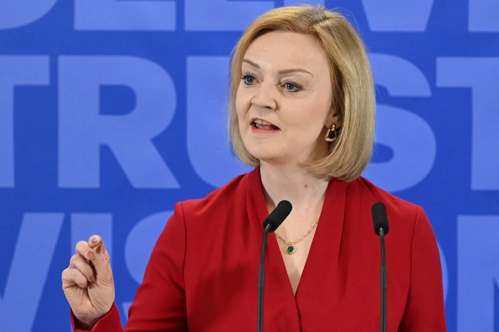 Britain's Foreign Secretary Liz Truss delivers a speech at the launch of her campaign to become the next leader of the Conservative party in London on July 14, 2022. (File/AFP)