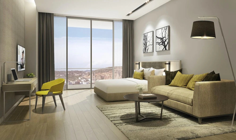 With subtle hues of mustard yellow and modern Arabesque patterns, each apartment is equipped with spacious living spaces, stylish dining areas and scenic floor-to-ceiling windows.