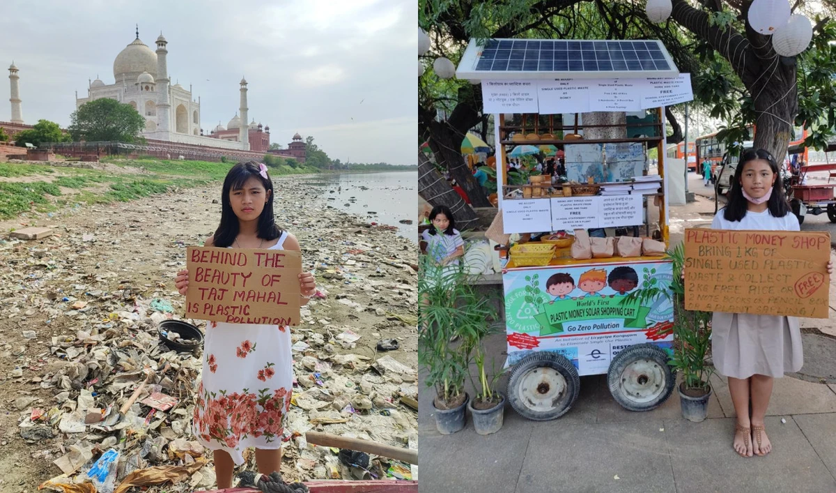 (Left) Climate activist Licypriya Kangujam’s viral photo showing plastic pollution near the Taj Mahal monument in India. (Right) Kangujam poses in front of her mobile “plastic money shop” in New Delhi. (Photos courtesy of Licypriya Kangujam)