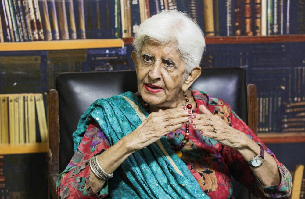 Reena Varma, 92-year-old Indian citizen born in Pakistan, who after 75 years came to visit her ancestral home and school, speaks during an interview with Reuters, in Lahore, Pakistan July 16, 2022. (REUTERS)